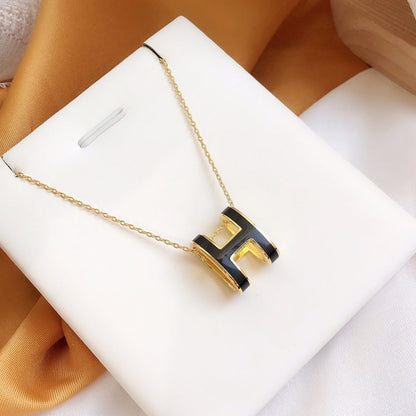 [Panda Jewelry]HM CLIC BLACK ENAMEL GOLD NECKLACE