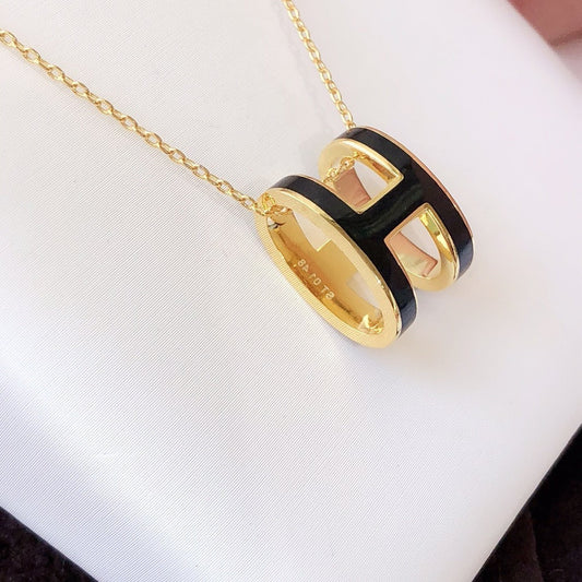 [Panda Jewelry]HM CLIC BLACK ENAMEL GOLD NECKLACE