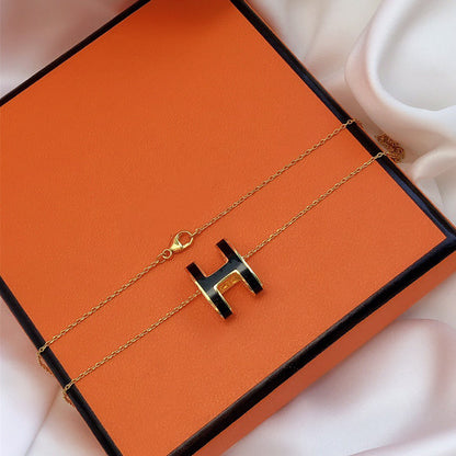 [Panda Jewelry]HM CLIC BLACK ENAMEL GOLD NECKLACE