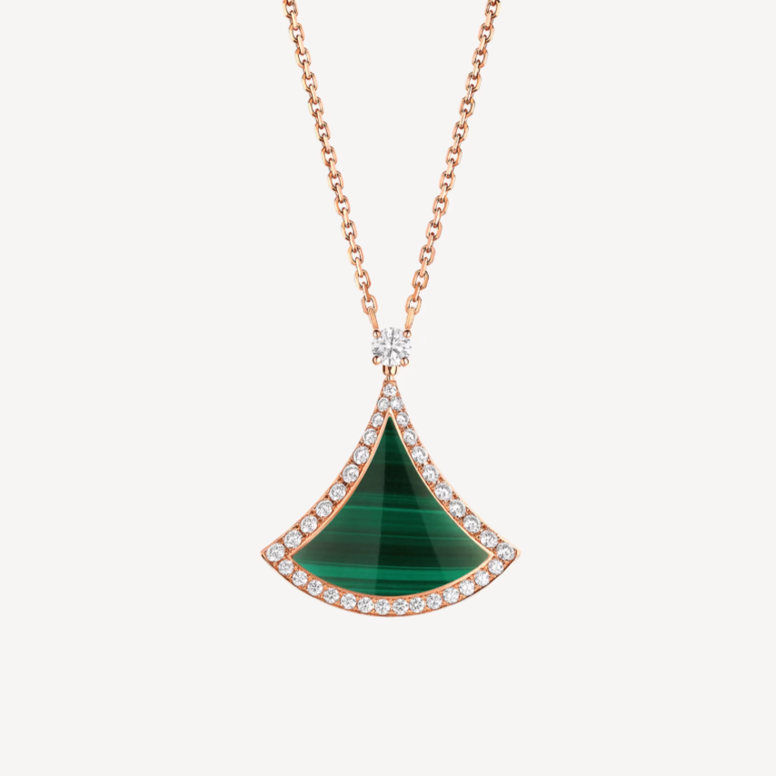 [Panda Jewelry]DREAM MALACHITE DIAMOND PAVED PINK GOLD NECKLACE