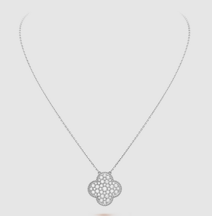 [Panda Jewelry]CLOVER 25MM LARGE PENDANT DIAMOND PAVED SILVER NECKLACE