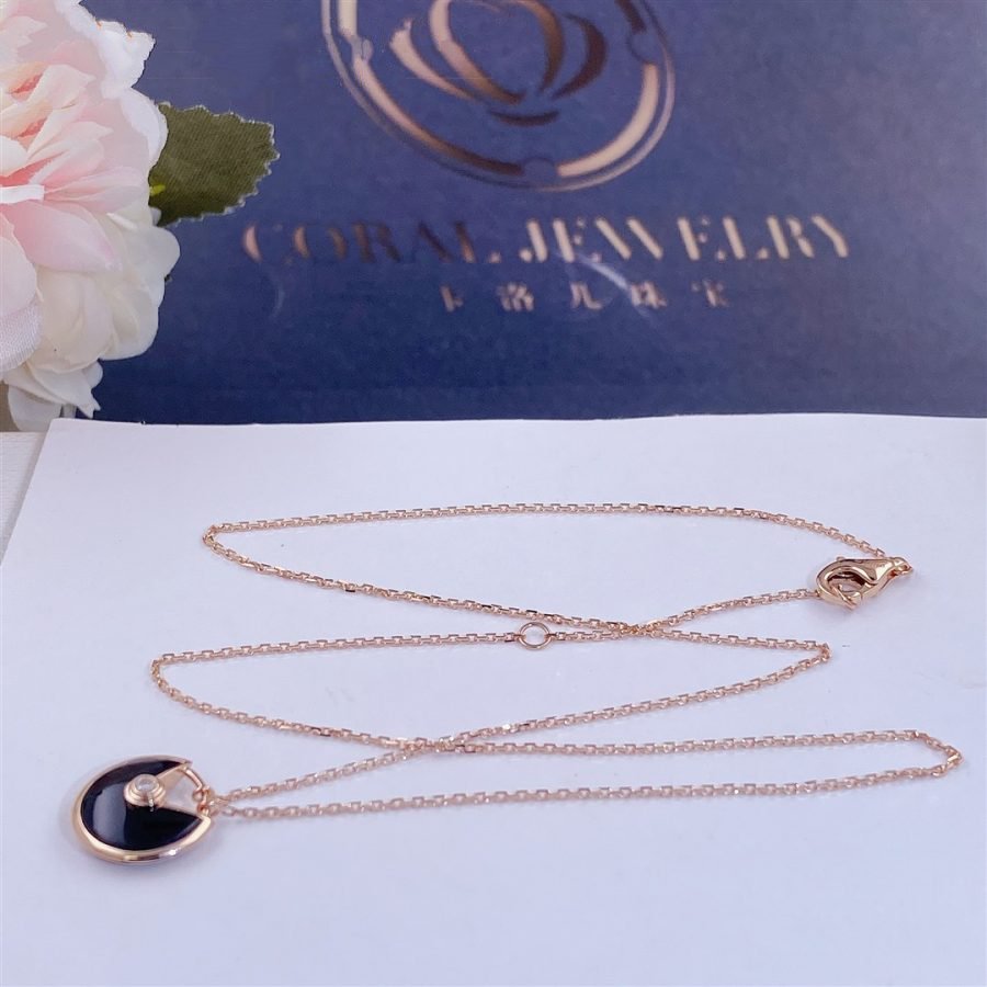 [Panda Jewelry]AMULETTE ROSE GOLD ONYX NECKLACE
