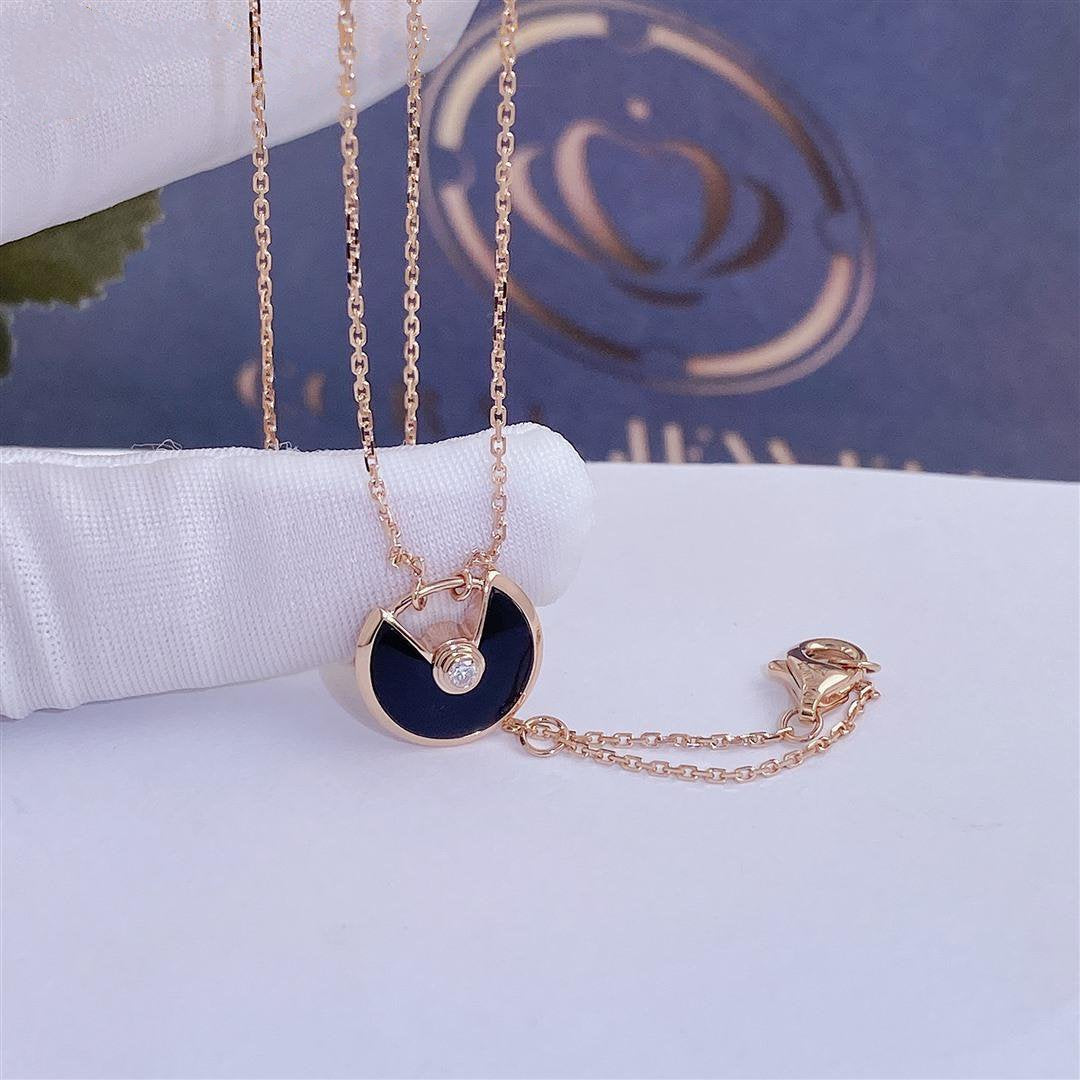 [Panda Jewelry]AMULETTE ROSE GOLD ONYX NECKLACE