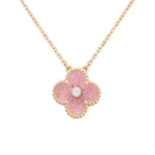 [Panda Jewelry]CLOVER 15MM DIAMOND RHODONITE NECKLACE