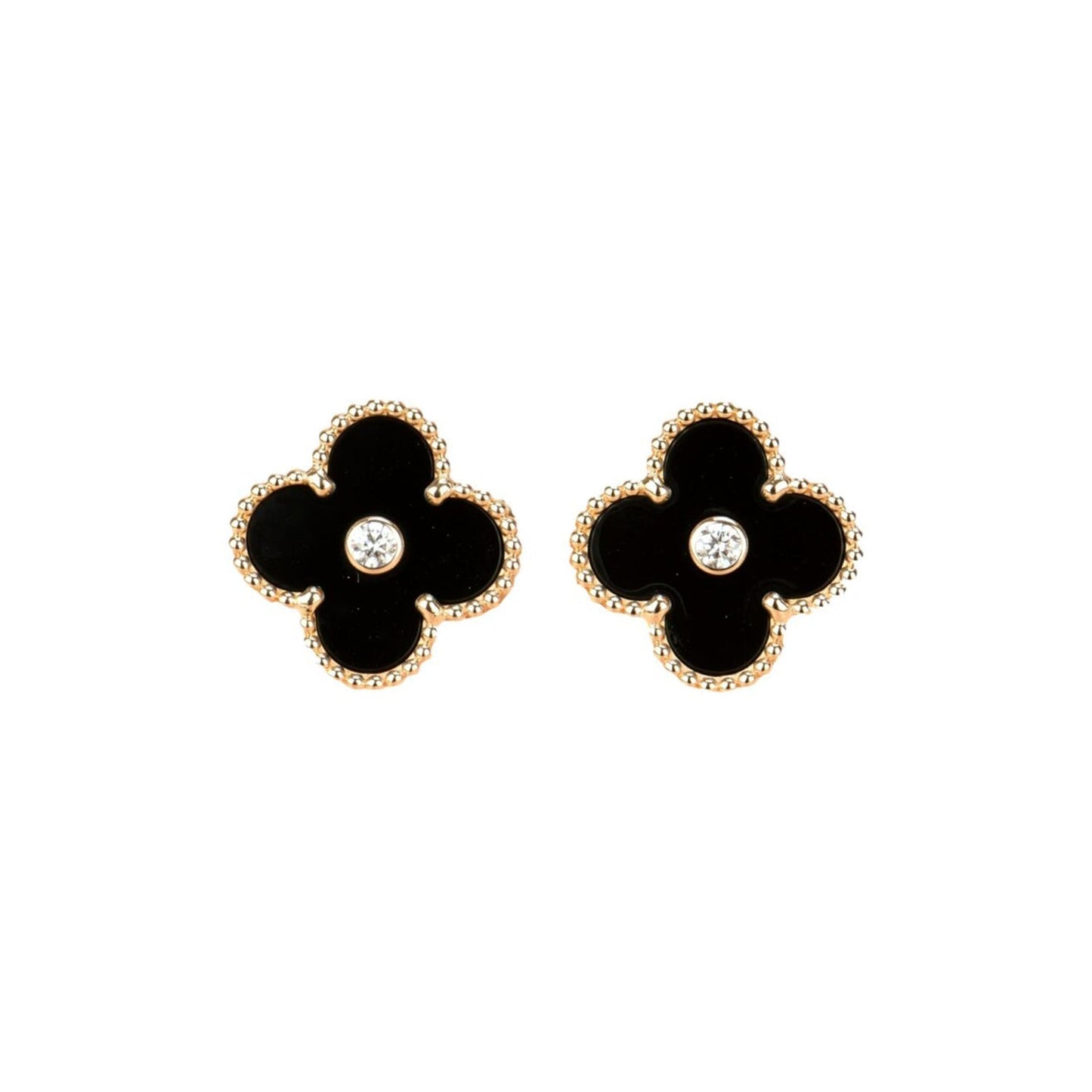 [Panda Jewelry]CLOVER MEDIUM 1 MOTIFS ONYX DIAMOND EARRINGS