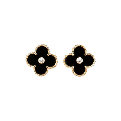 [Panda Jewelry]CLOVER MEDIUM 1 MOTIFS ONYX DIAMOND EARRINGS