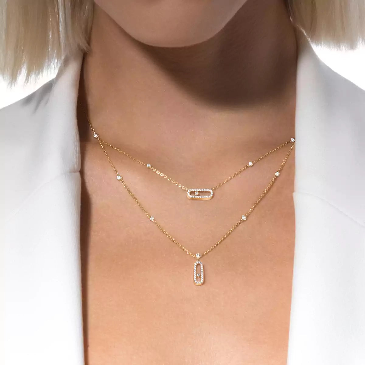 [Panda Jewelry]2 Rows Rose Gold Diamond Pave_ Necklace Move Uno