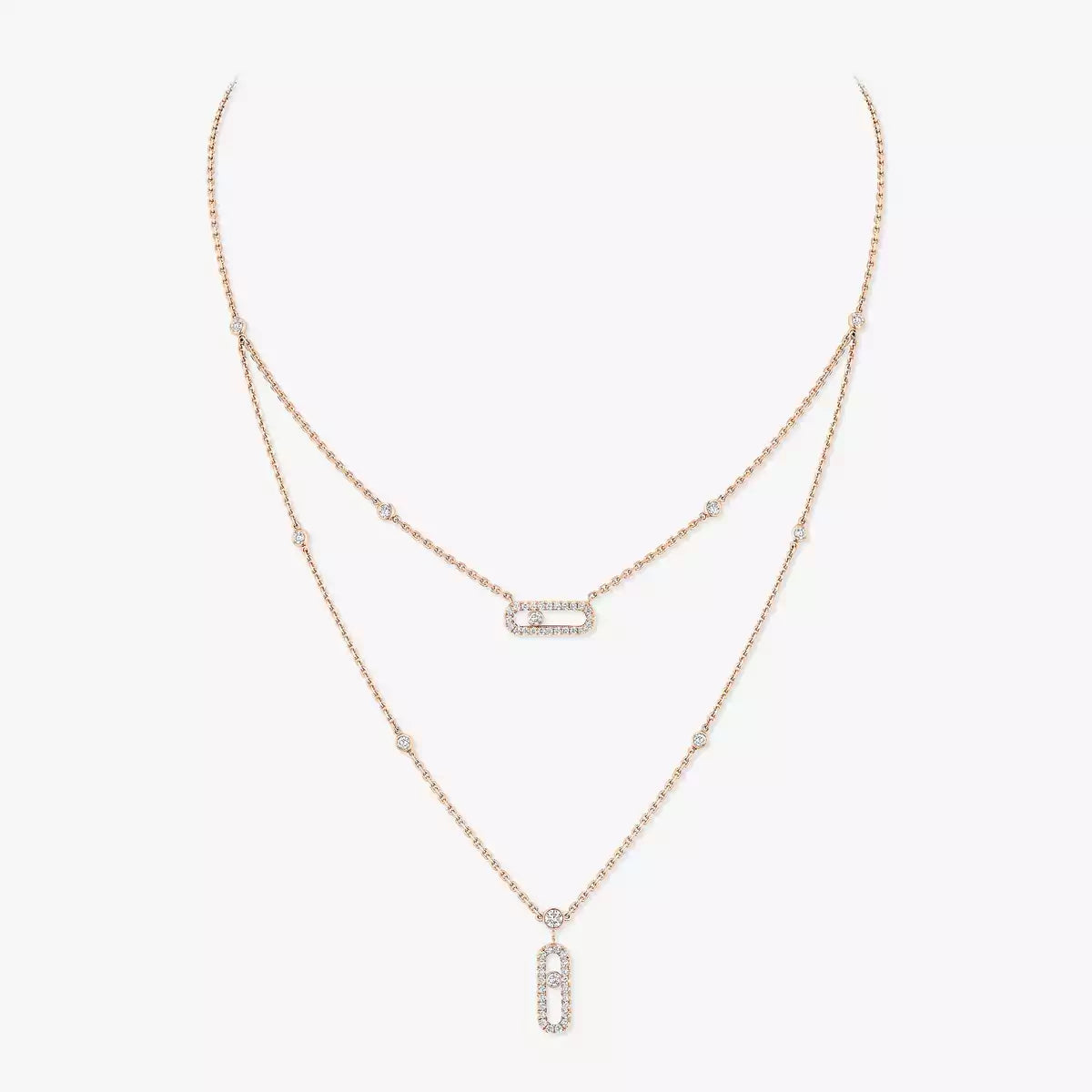[Panda Jewelry]2 Rows Rose Gold Diamond Pave_ Necklace Move Uno