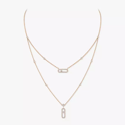 [Panda Jewelry]2 Rows Rose Gold Diamond Pave_ Necklace Move Uno