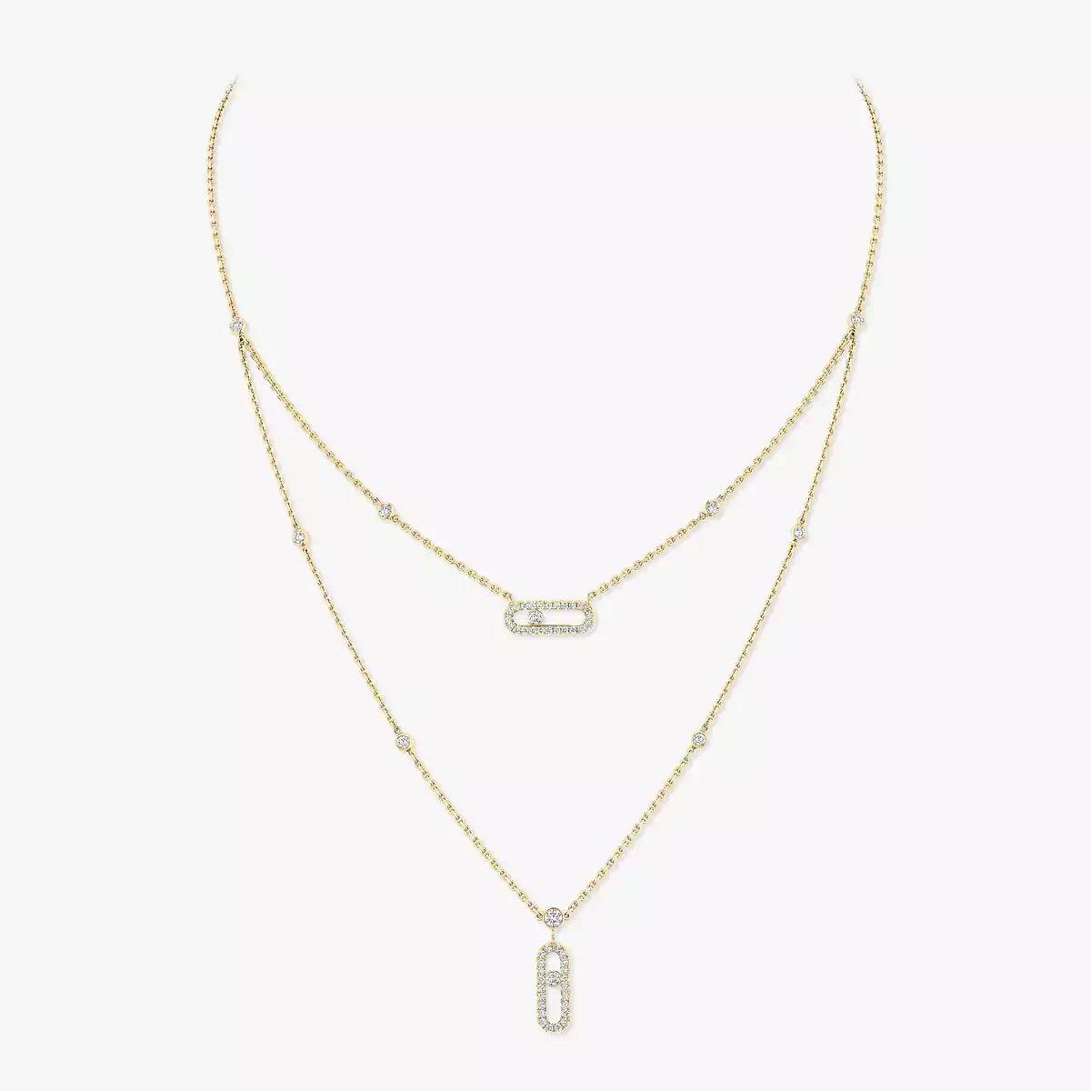 [Panda Jewelry]2 Rows Rose Gold Diamond Pave_ Necklace Move Uno