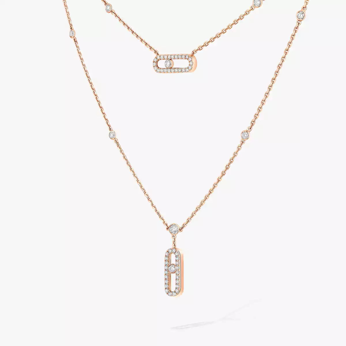 [Panda Jewelry]2 Rows Rose Gold Diamond Pave_ Necklace Move Uno