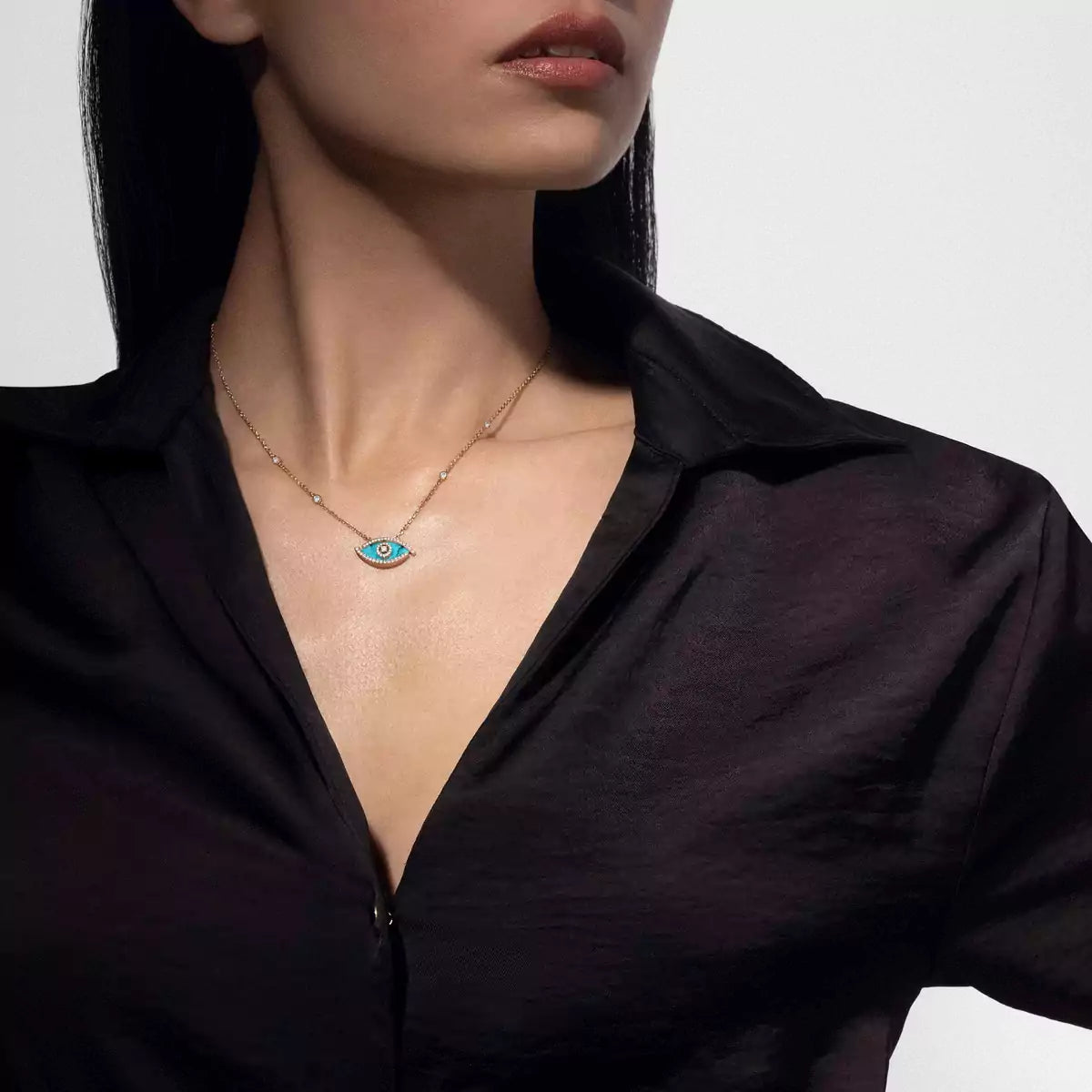 [Panda Jewelry]Lucky Eye Diamond Necklace in Rose Gold and Turquoise