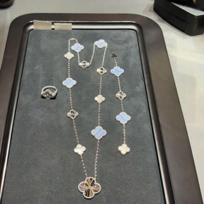 [Panda Jewelry]DETACHABLE CLOVER 15(11+4) FLOWER SILVER NECKLACE SET