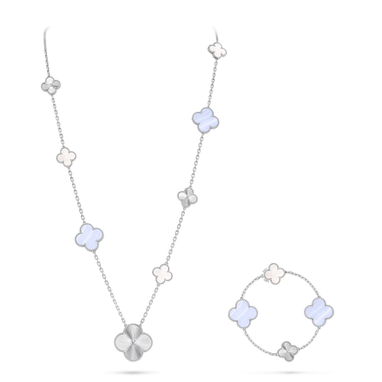 [Panda Jewelry]DETACHABLE CLOVER 15(11+4) FLOWER SILVER NECKLACE SET