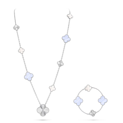 [Panda Jewelry]DETACHABLE CLOVER 15(11+4) FLOWER SILVER NECKLACE SET