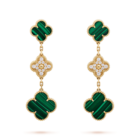 [Panda Jewelry]CLOVER EARRINGS GOLD MALACHITE DIAMOND 3 MOTIF