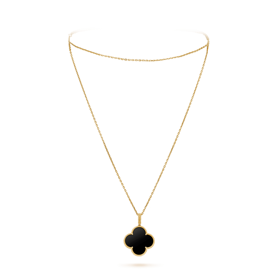 [Panda Jewelry]CLOVER 25MM GOLD ONYX BIG CLOVER NECKLACE