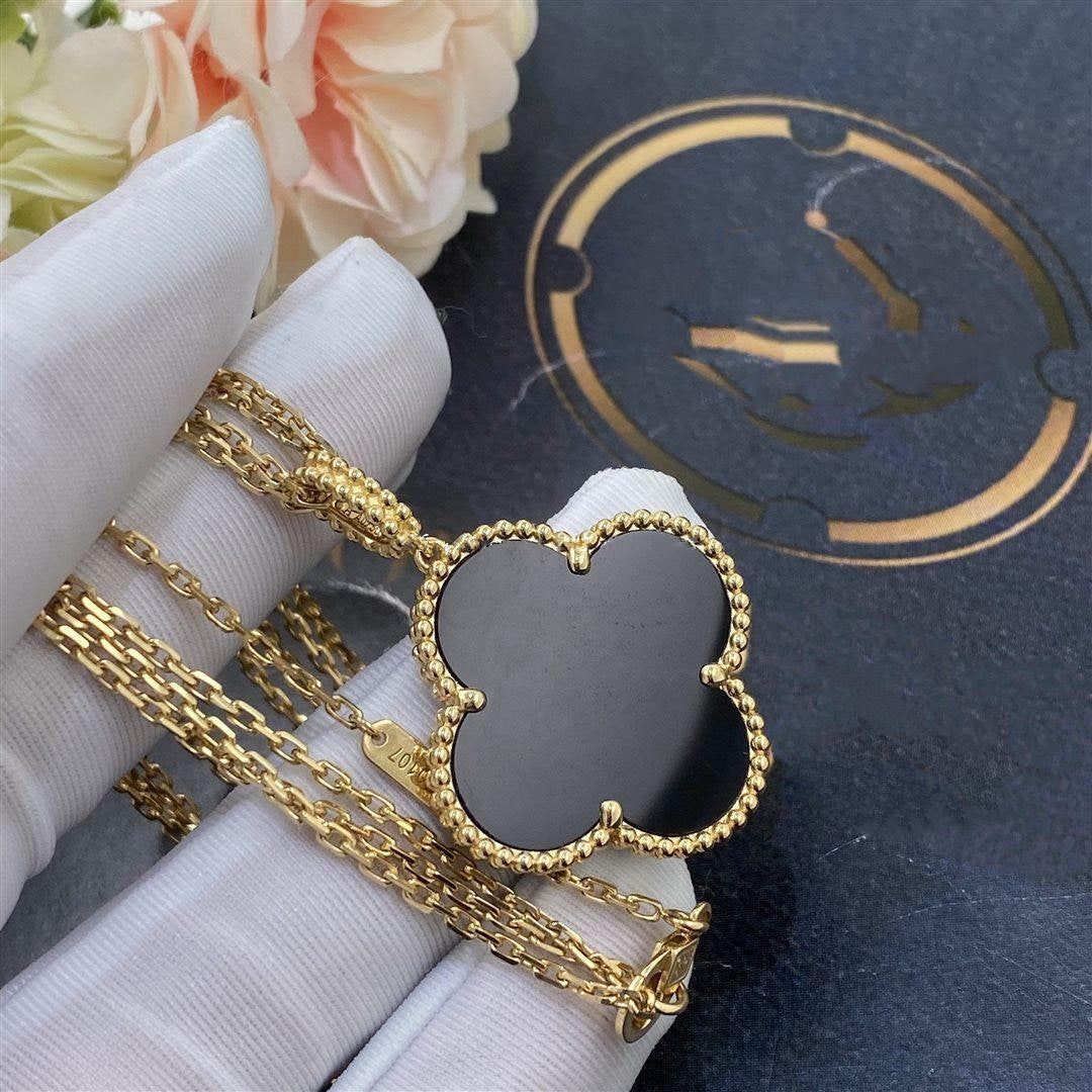 [Panda Jewelry]CLOVER 25MM GOLD ONYX BIG CLOVER NECKLACE