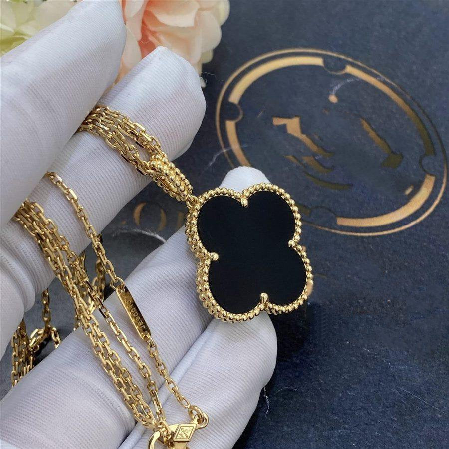 [Panda Jewelry]CLOVER 25MM GOLD ONYX BIG CLOVER NECKLACE