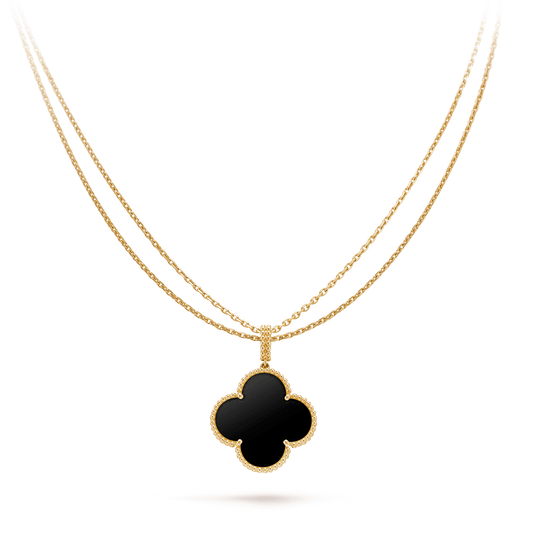 [Panda Jewelry]CLOVER 25MM GOLD ONYX BIG CLOVER NECKLACE