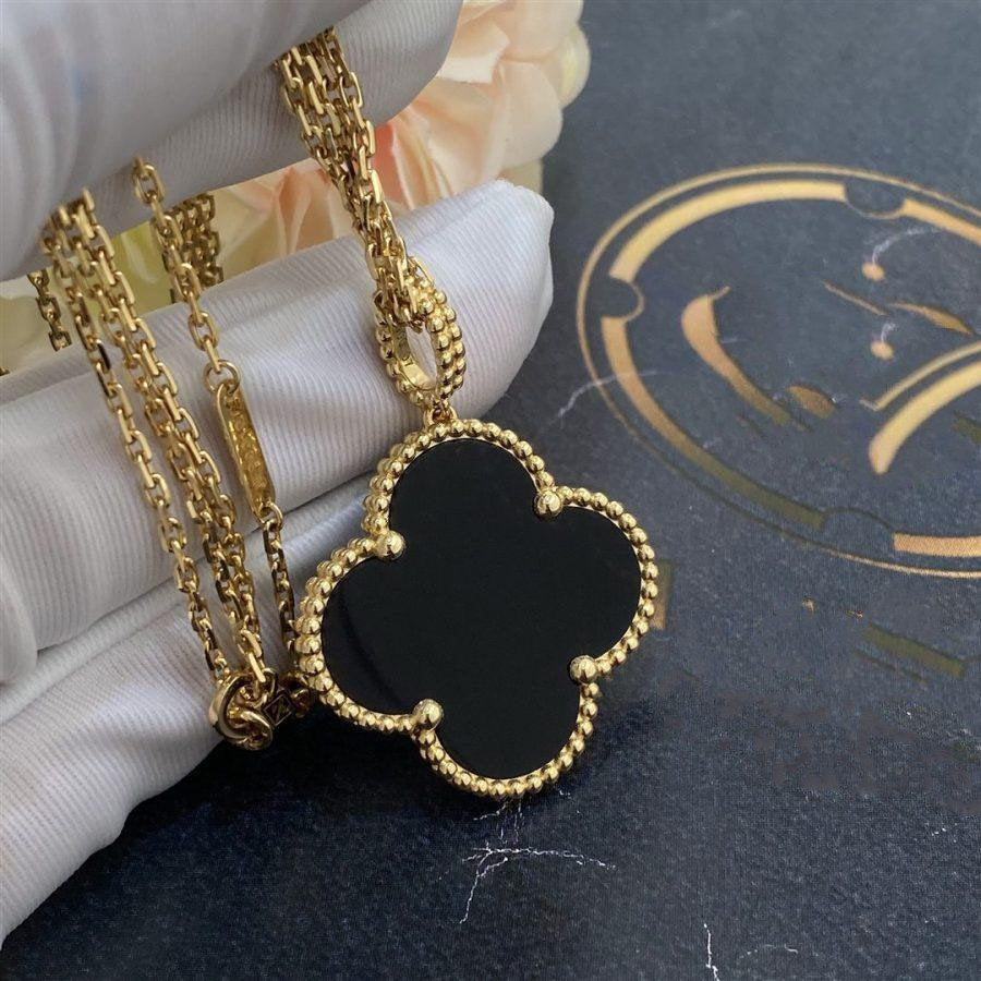[Panda Jewelry]CLOVER 25MM GOLD ONYX BIG CLOVER NECKLACE