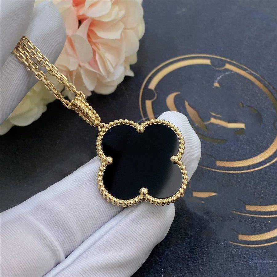[Panda Jewelry]CLOVER 25MM GOLD ONYX BIG CLOVER NECKLACE