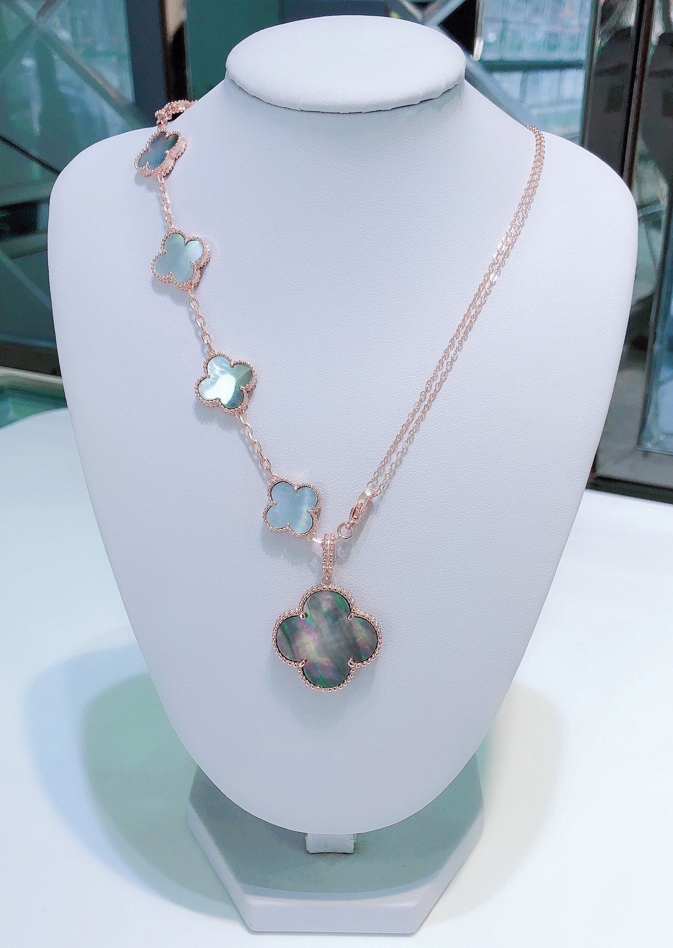 [Panda Jewelry]COMBINED BRACELET 5 MOTIFS AND NECKLACE DARK MOP ROSE GOLD