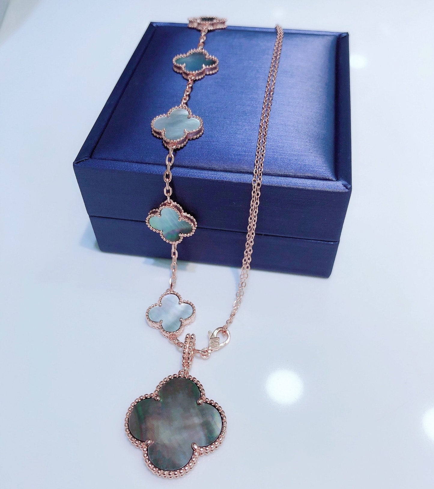 [Panda Jewelry]COMBINED BRACELET 5 MOTIFS AND NECKLACE DARK MOP ROSE GOLD