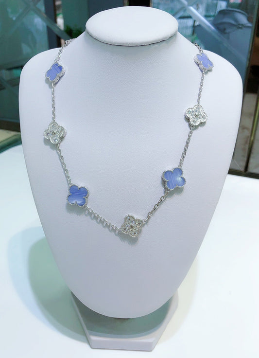 [Panda Jewelry]CLOVER 10 MOTIFS CHALCEDONY DIAMONDS SILVER NECKLACE