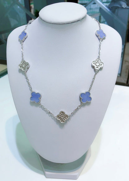 [Panda Jewelry]CLOVER 10 MOTIFS CHALCEDONY DIAMONDS SILVER NECKLACE