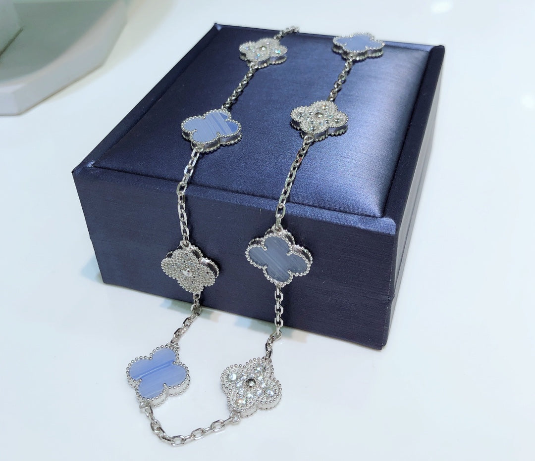 [Panda Jewelry]CLOVER 10 MOTIFS CHALCEDONY DIAMONDS SILVER NECKLACE
