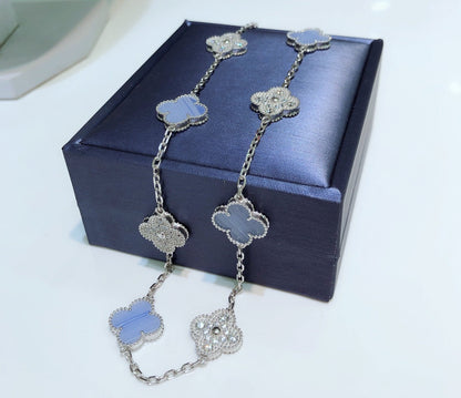 [Panda Jewelry]CLOVER 10 MOTIFS CHALCEDONY DIAMONDS SILVER NECKLACE