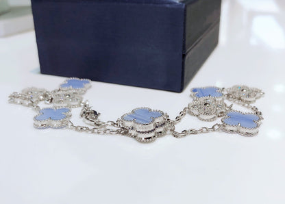 [Panda Jewelry]CLOVER 10 MOTIFS CHALCEDONY DIAMONDS SILVER NECKLACE
