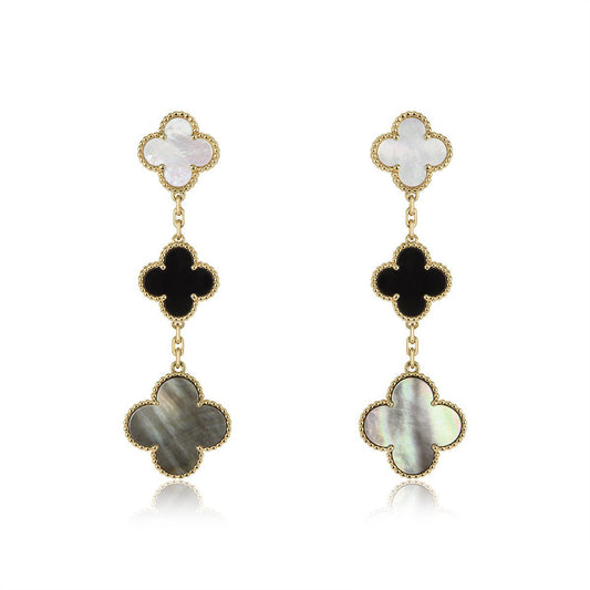 [Panda Jewelry]CLOVER EARRINGS GOLD ONYX MOP 3 MOTIF