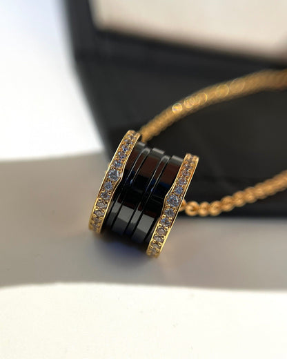 [Panda Jewelry]ZERO 1 BLACK CERAMIC DIAMOND PINK GOLD NECKLACE