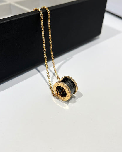 [Panda Jewelry]ZERO 1 BLACK CERAMIC DIAMOND PINK GOLD NECKLACE