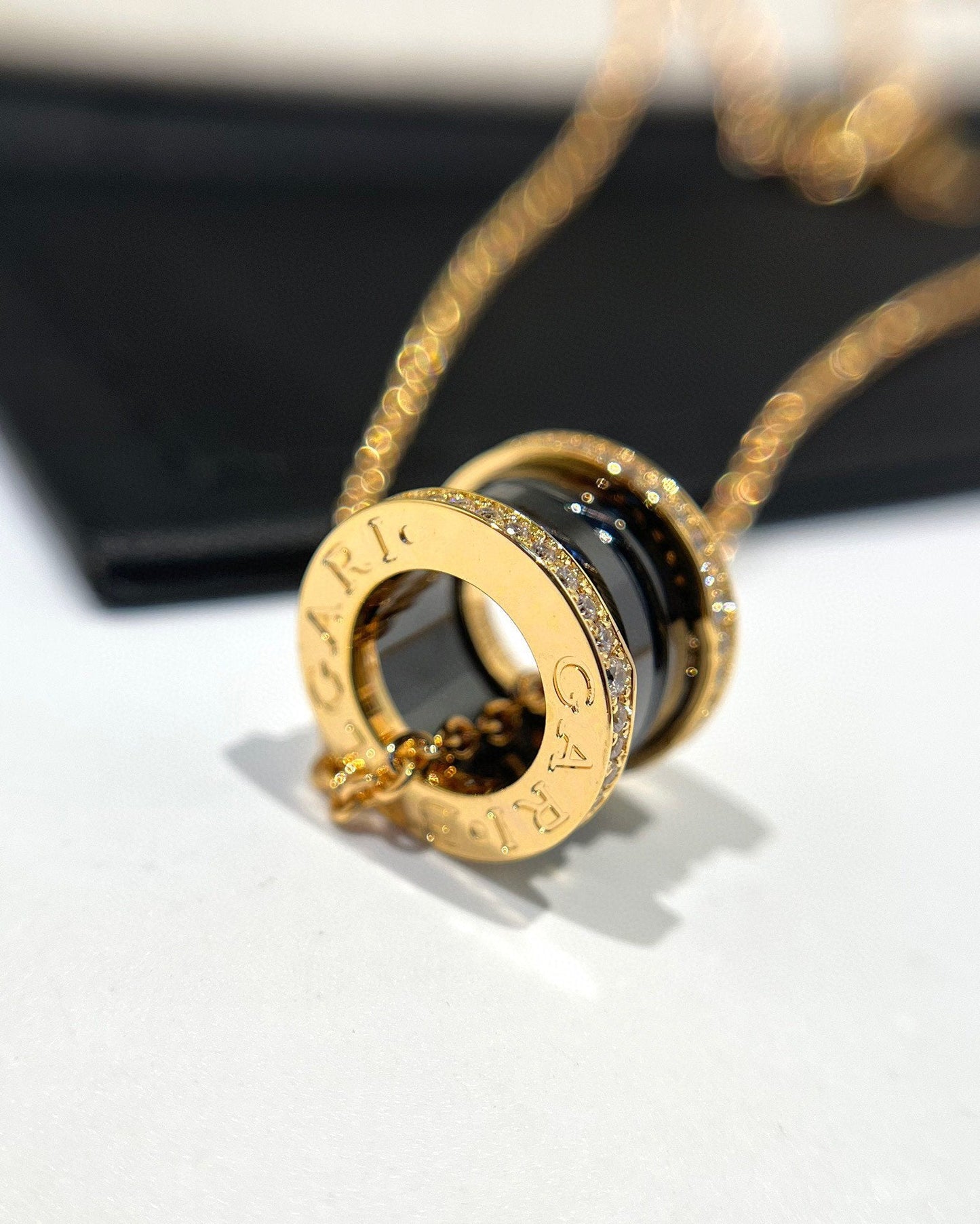 [Panda Jewelry]ZERO 1 BLACK CERAMIC DIAMOND PINK GOLD NECKLACE