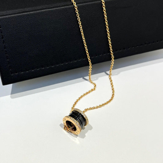 [Panda Jewelry]ZERO 1 BLACK CERAMIC DIAMOND PINK GOLD NECKLACE