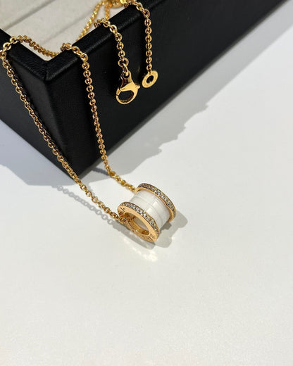 [Panda Jewelry]ZERO 1 WHITE CERAMIC DIAMOND PINK GOLD NECKLACE